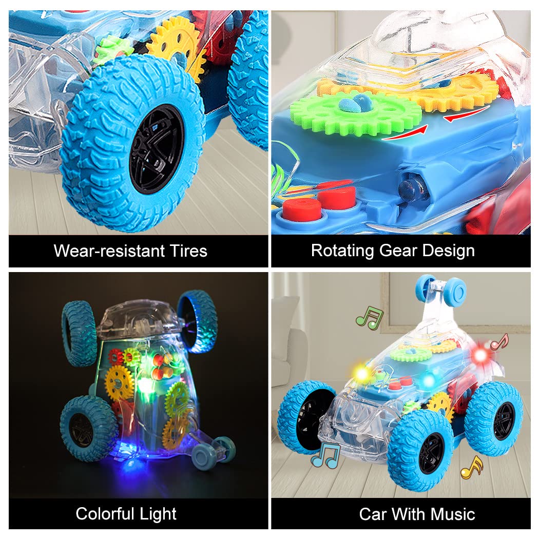 TAKIHON Sensory Toys for Kids with Autism,Light Up Toys Car for Toddlers 1-3,Bump and Go Toy Car with Colorful Moving Gears,Music,LED Effect,360°Rolling Twister,Monster Truck Toy,Toddler Car