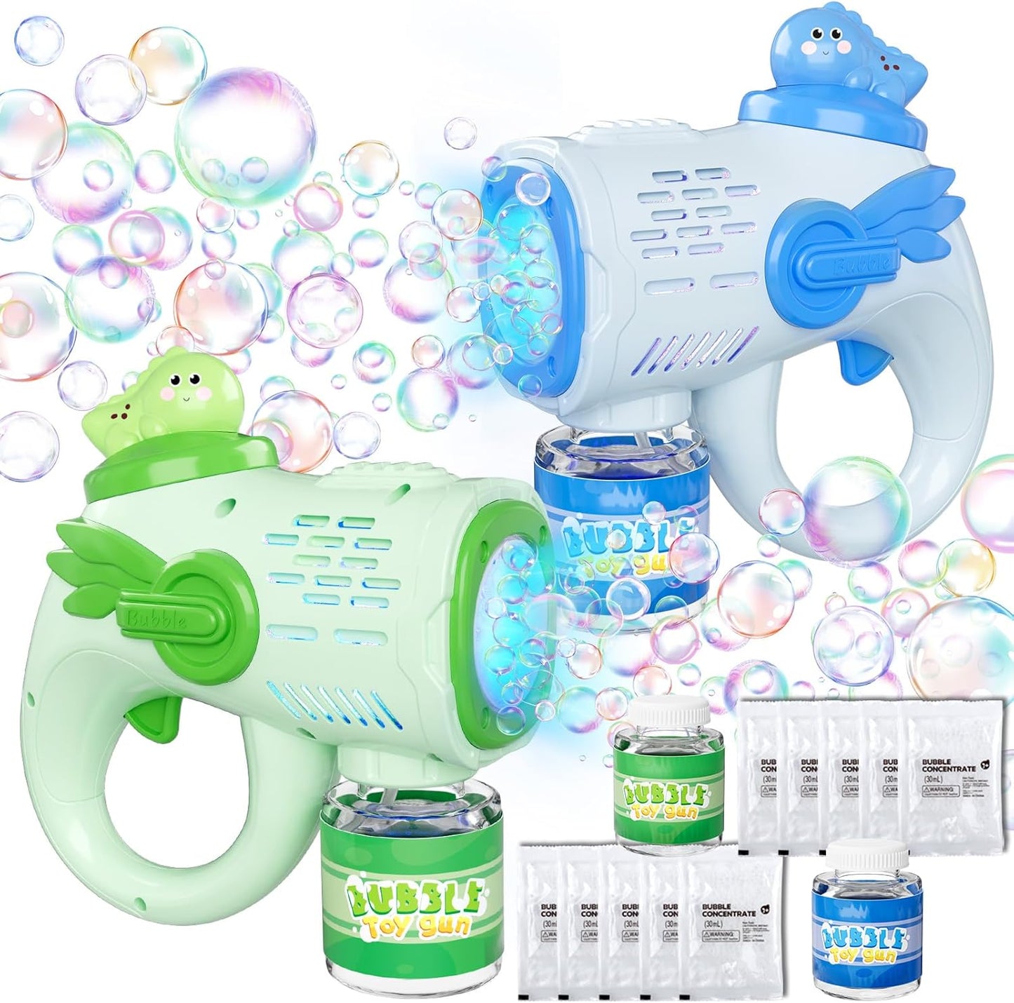 Dinosaur Bubble Gun 2-Pack - Light-Up Dino Bubble Machine Toys for Ages 3+ Kids with 10 Bubble Solution, 3-8 Year Old Boys Girls Birthday Party Favors Bubbles for Kids Toddler Toys