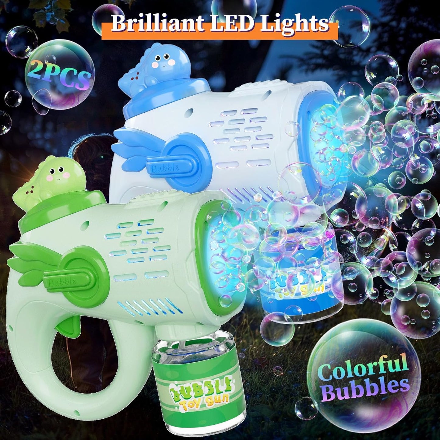 Dinosaur Bubble Gun 2-Pack - Light-Up Dino Bubble Machine Toys for Ages 3+ Kids with 10 Bubble Solution, 3-8 Year Old Boys Girls Birthday Party Favors Bubbles for Kids Toddler Toys